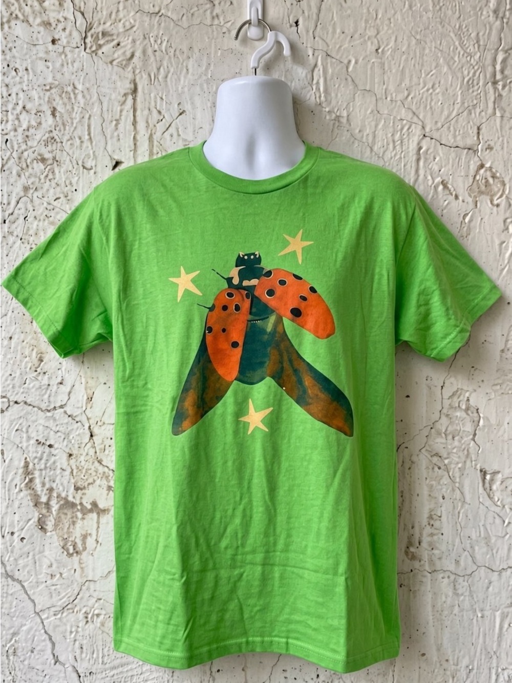 Gildan Bright Green Tee with Orange Ladybug Graphic